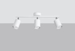Biała lampa sufitowa Lemmi, 3-punktowa, z cylindrycznymi reflektorami. Ujęcie frontalne, zamontowana na prostokątnej podstawie. Prosty design, idealna do nowoczesnych wnętrz. Tło w jasnoszarym odcieniu.