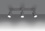 Lemmi lampa sufitowa 3-punktowa w kolorze białym, z trzema cylindrycznymi kloszami na ruchomej belce. Ujęcie z dołu, ukazujące całość lampy. Prosta konstrukcja, idealna do nowoczesnych wnętrz. Tło w neutralnym odcieniu szarości.