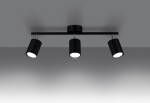 Czarna lampa sufitowa (spot) Lemmi, 3-punktowa, z cylindrycznymi kloszami, umieszczona na metalowej listwie. Klosze są skierowane w dół, co umożliwia kierunkowe oświetlenie. Tło w odcieniu szarości.