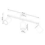 Lemmi lampa sufitowa 3-punktowa, czarna, o długości 46 cm i wysokości 20 cm. Posiada trzy cylindryczne klosze o średnicy 8 cm i wysokości 8,5 cm, zamontowane na prostokątnej podstawie. Elegancki design, idealna do nowoczesnych wnętrz.