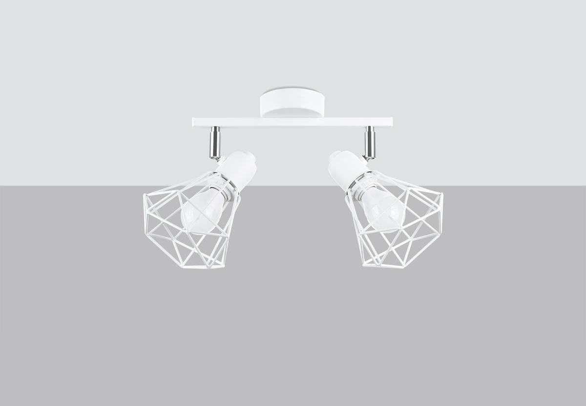 Biała lampa sufitowa Artemis z dwoma punktami świetlnymi, o geometrycznych kloszach z siatki. Ujęcie z dołu, montowana na suficie, z metalowym mocowaniem. Idealna do nowoczesnych wnętrz.