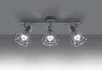Trzypunkowa lampa sufitowa Artemis w kolorze białym z metalowymi kloszami w geometrycznym kształcie. Ujęcie frontalne, lampa zamontowana na suficie, z widocznymi źródłami światła wewnątrz kloszy. Tło szare, jednolite.