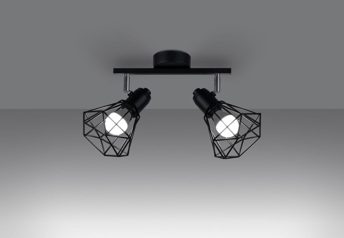 Czarna lampa sufitowa 2-punktowa Artemis, z metalowymi kloszami o siatkowej konstrukcji. Ujęcie z dołu, pokazujące klosze skierowane w różne strony. Wyposażona w zamocowanie sufitowe, idealna do nowoczesnych wnętrz.
