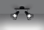 Czarna lampa sufitowa 2-punktowa Artemis, z metalowymi kloszami o siatkowej konstrukcji. Ujęcie z dołu, pokazujące klosze skierowane w różne strony. Wyposażona w zamocowanie sufitowe, idealna do nowoczesnych wnętrz.