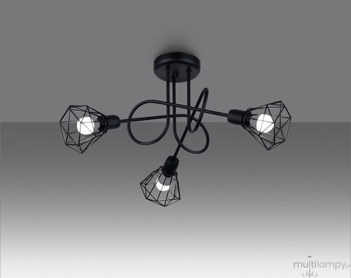 Czarna lampa sufitowa 3-punktowa Artemis SL.1109 z metalowym, geometrycznym kloszem w kształcie diamentu. Ujęcie z dołu, pokazujące wszystkie trzy źródła światła, zamontowane na elastycznych przewodach, z matowym wykończeniem.