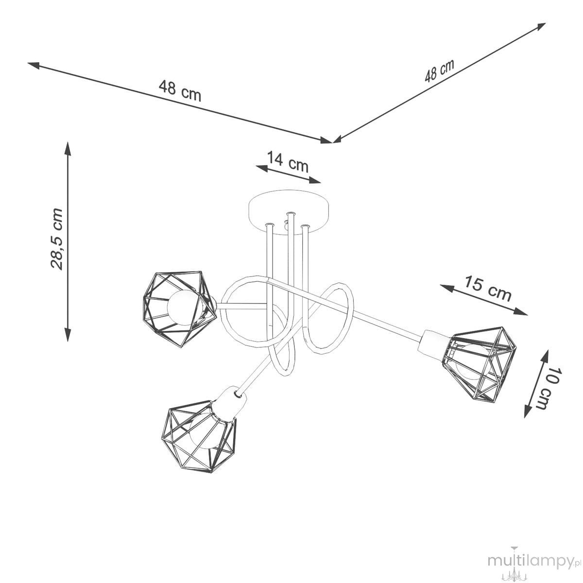 Czarna lampa sufitowa Artemis 3-punktowa, o wymiarach 48 cm szerokości i 28,5 cm wysokości. Składa się z trzech diamentowych kloszy zawieszonych na elastycznych ramionach, zakończonych okrągłą podsufitką.