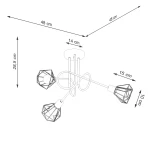 Czarna lampa sufitowa Artemis 3-punktowa, o wymiarach 48 cm szerokości i 28,5 cm wysokości. Składa się z trzech diamentowych kloszy zawieszonych na elastycznych ramionach, zakończonych okrągłą podsufitką.