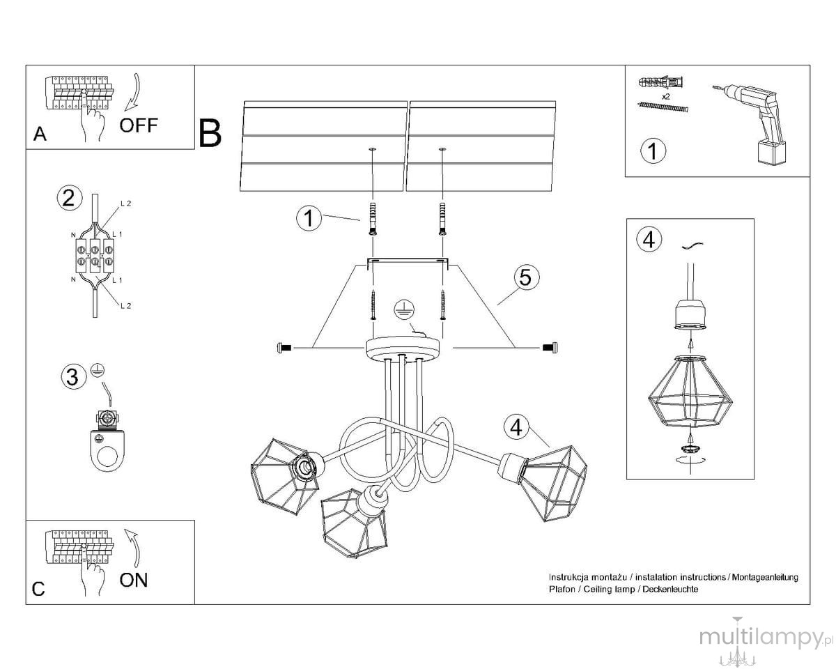 Trójpunktowa lampa sufitowa Artemis w kolorze czarnym, z metalową podstawą i geometrycznymi kloszami w kształcie diamentu. Ujęcie z przodu, pokazujące wszystkie trzy klosze, zawieszone na elastycznych ramionach. Idealna do nowoczesnych wnętrz.