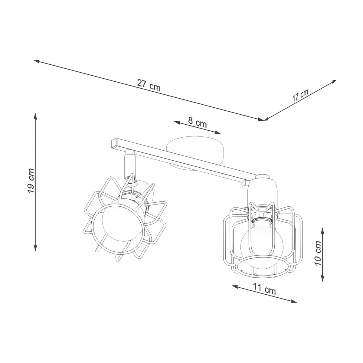 Lampa sufitowa Beluci, 2-punktowa, biała. Konstrukcja z metalowym stelażem, dwa okrągłe klosze zabezpieczone siatką. Wymiary: długość 27 cm, szerokość 8 cm, wysokość 19 cm. Przeznaczona do montażu sufitowego, prezentująca nowoczesny design.