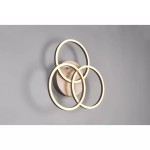 Czarna sufitowa lampa LED 3-punktowa z imitacją drewna, składająca się z trzech okręgów emitujących ciepłe światło. Produkt zamontowany na okrągłej podstawie, widok frontalny, w minimalistycznym stylu.