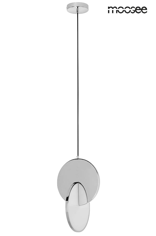 Lampa wisząca Disco LED 1-punktowa w kolorze chromu, zawieszona na cienkim przewodzie. Składa się z dwóch okrągłych, metalicznych elementów o różnych średnicach, jeden z nich jest matowy, a drugi błyszczący. Montaż sufitowy, minimalistyczny design.