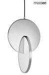 Wisząca lampa LED Disco w chromie, składająca się z dwóch okrągłych elementów - górny z lustrzanym wykończeniem, dolny matowy. Wisi na czarnym przewodzie, tworząc nowoczesną kompozycję. Idealna do wnętrz.