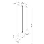 Lampa wisząca Alino 3-punktowa w kolorze czarnym z dymionymi kloszami. Posiada trzy okrągłe klosze o średnicy 15 cm, zawieszone na czarnych linkach, z prostokątnym, białym stelażem o wymiarach 33 x 6 cm, całkowita wysokość 117 cm.
