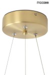 Złota lampa wisząca Serpiente z jednopunktowym mocowaniem. Okrągła, matowa podsufitka z metalowymi elementami montażowymi. Dwa przewody zawieszenia. Prosty design, idealna do nowoczesnych wnętrz.