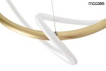 Złota lampa wisząca Serpiente z LED, o unikalnym, falistym kształcie. Wykonana z metalu i tworzywa, z białymi elementami. Ujęcie z góry, lampa zawieszona na cienkim przewodzie, z widocznym detalem mocowania. Na tle białym.