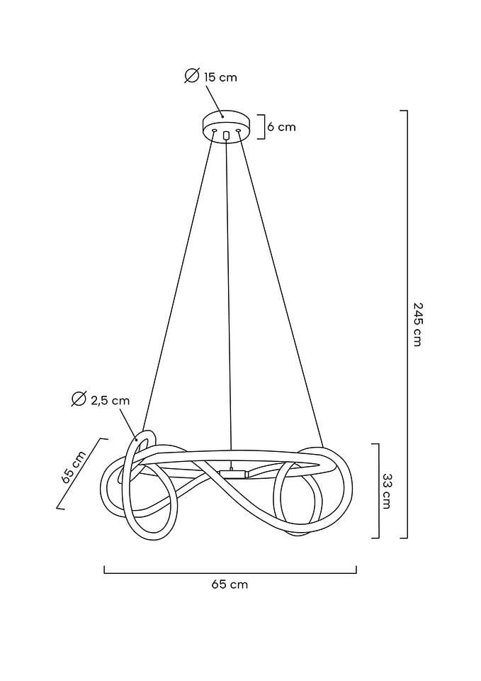Złota lampa wisząca Serpiente LED o unikalnym, wężowym kształcie. Wymiary: średnica podstawy 15 cm, długość zwisu 245 cm, szerokość 65 cm. Materiał: metal. Montowana na suficie, idealna do nowoczesnych wnętrz.