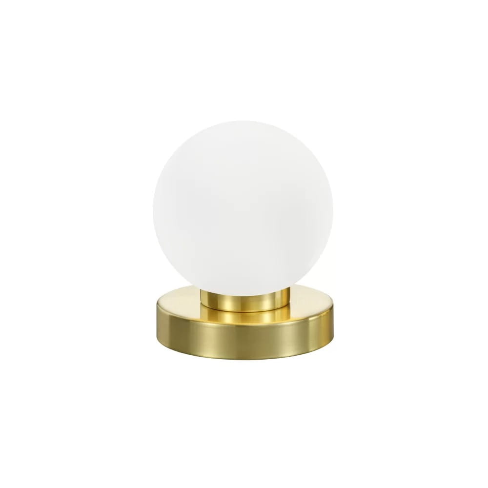 Lampa stołowa Prinz II z mosiężną podstawą i okrągłym kloszem z matowego szkła. Produkt w pozycji stojącej, z widoczną, elegancką podstawą w kolorze złotym. Klosz umiejscowiony centralnie, nadaje nowoczesny charakter.