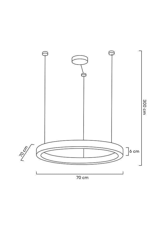 Lampa wisząca Ring Luxury 70 LED o średnicy 70 cm i wysokości 6 cm, zawieszona na dwóch linkach. Prosta konstrukcja w formie okręgu, z minimalistycznym designem, idealna do nowoczesnych wnętrz. Wysokość zawieszenia 300 cm.
