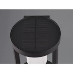 Kinkiet zewnętrzny Carmo LED w kolorze antracytowym, widok z góry. Okrągła głowica z panelami solarnymi, umieszczona na stojaku. Elementy czujnika ruchu oraz konstrukcja do montażu na ścianie. Tło jednolite, szare.