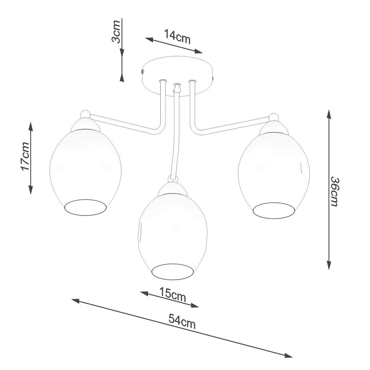 Trzypunktowa lampa sufitowa Fillan w kolorze czarnym z dymionymi kloszami. Wymiary: średnica kloszy 15 cm, wysokość 36 cm, szerokość 54 cm, wysokość montażu 17 cm. Lampa zawieszona na metalowych ramionach.