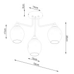 Trzypunktowa lampa sufitowa Fillan w kolorze czarnym z dymionymi kloszami. Wymiary: średnica kloszy 15 cm, wysokość 36 cm, szerokość 54 cm, wysokość montażu 17 cm. Lampa zawieszona na metalowych ramionach.