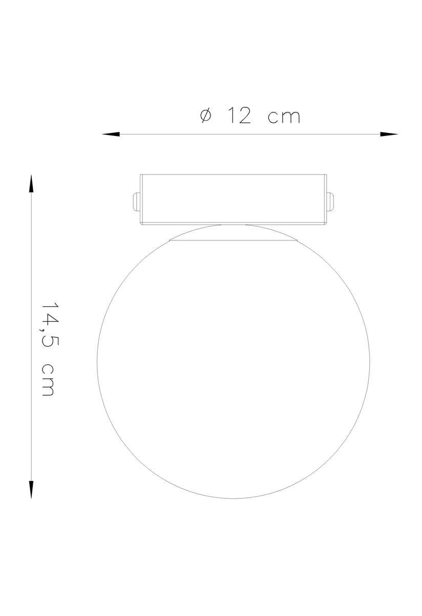 Lampa sufitowa Yoli 1-punktowa w kolorze białym. Okrągła kula o średnicy 12 cm, z zamocowaniem o wysokości 14,5 cm. Ujęcie z góry, ukazujące kształt i wymiary produktu na białym tle.