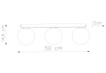 Lampa sufitowa Yoli 3-punktowa w kolorze białym, z trzema okrągłymi kloszami. Wymiary: 50 cm długości, 14,5 cm wysokości, 12 cm szerokości. Produkt zamontowany na prostokątnej podstawie, widok frontalny.