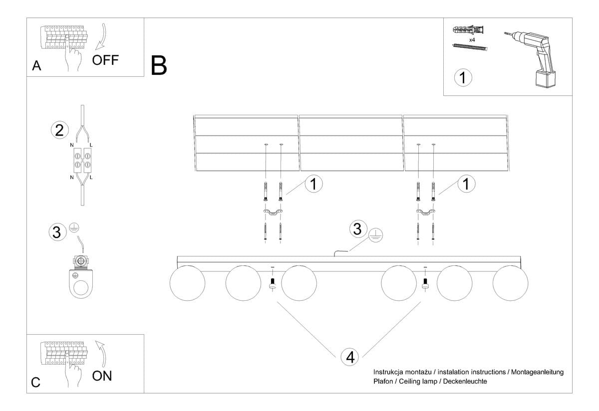 Lampa sufitowa Yoli, 6-punktowa, w białym kolorze. Prosty design z sześcioma okrągłymi kloszami, zamontowana w poziomie. Widoczne elementy montażowe oraz instrukcja. Całość na jasnym tle, co podkreśla elegancki wygląd.