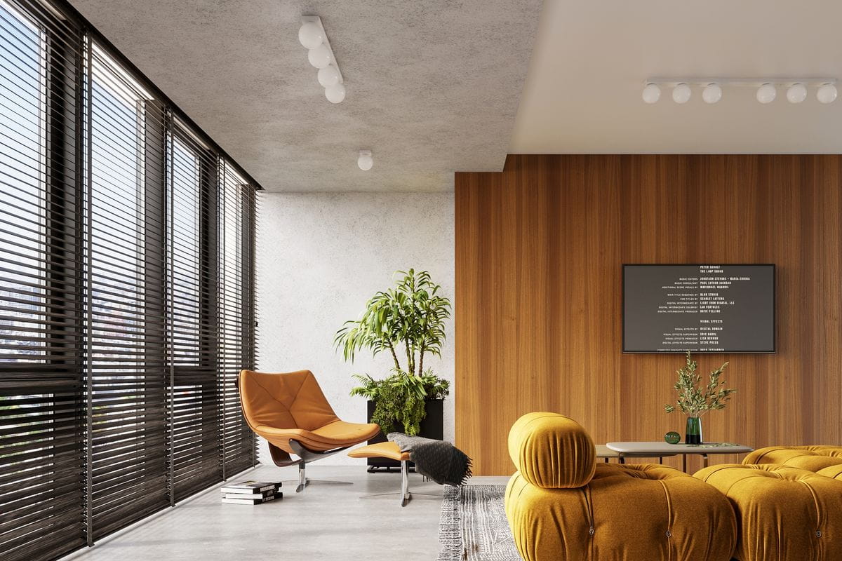 Lampa sufitowa Yoli, 6-punktowa, w białym kolorze, zamontowana na suficie. Kule świetlne rozłożone równomiernie, w nowoczesnym wnętrzu z drewnianą ścianą i dużymi oknami. Widoczna roślina oraz meble w stonowanych kolorach.