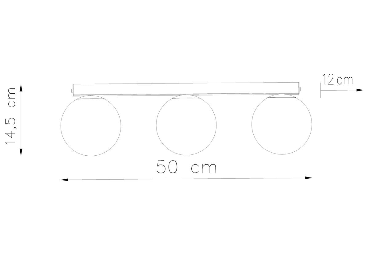 Czarna lampa sufitowa Yoli, 3-punktowa, z prostokątną podstawą. Wymiary: długość 50 cm, wysokość 14,5 cm, szerokość 12 cm. Trzy okrągłe klosze rozmieszczone równomiernie, idealna do nowoczesnych wnętrz.