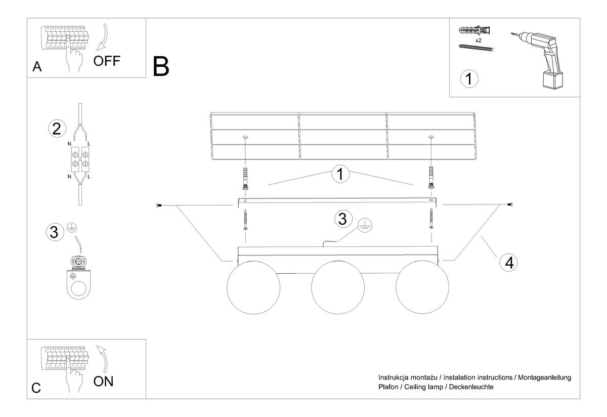 Czarna lampa sufitowa Yoli SL.1153, 3-punktowa, z prostokątnym uchwytem i trzema okrągłymi kloszami. Ujęcie z boku, produkt zamontowany na suficie, instrukcja montażu widoczna w tle. Idealna do nowoczesnych wnętrz.