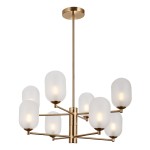 Lampa wisząca Perano z mosiądzu i satynowego wykończenia, posiadająca osiem punktów świetlnych z matowymi kloszami. Ujęcie z góry, stojąca na eleganckim, metalowym stelażu, idealna do nowoczesnych wnętrz.