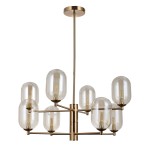 Lampa wisząca Perano 8-punktowa w kolorze mosiądzu z bursztynowymi kloszami. Produkt ma nowoczesny design, z ośmioma szklanymi kulami na metalowej podstawie, zawieszony na długim przewodzie. Klosze mają okrągły kształt i są transparentne.