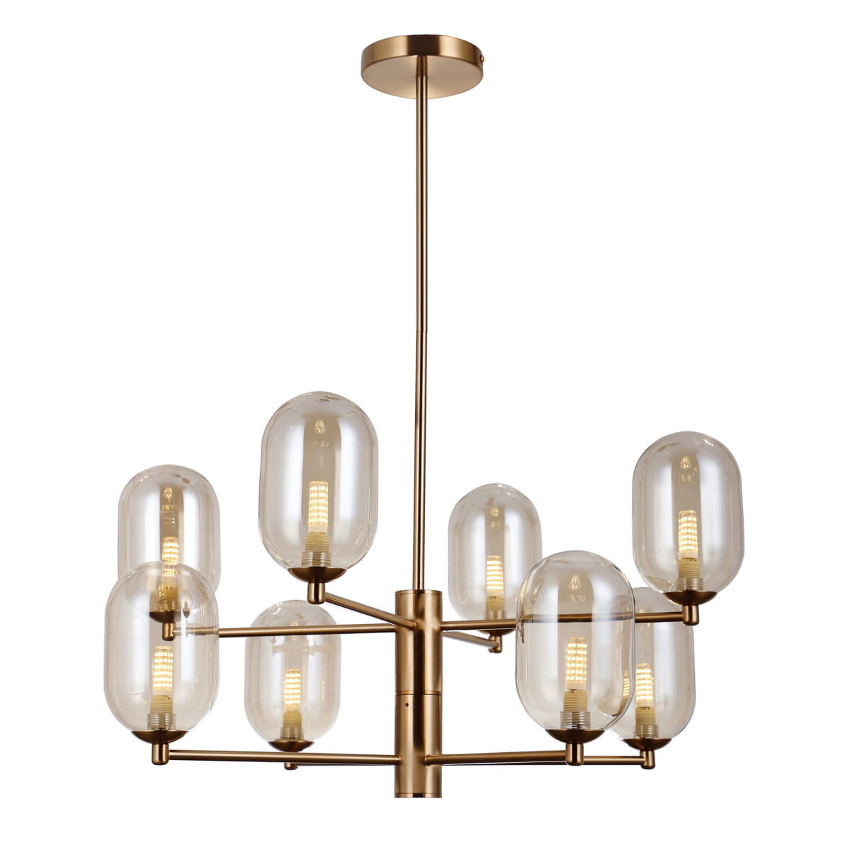Lampa wisząca Perano, 8-punktowa, wykonana z mosiądzu w kolorze bursztynowym. Posiada szklane klosze w kształcie owalnym, zamontowane na metalowej konstrukcji. Ujęcie z przodu, wisi na długim przewodzie.