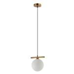 Lampa wisząca Merseta D15 z brązu antycznego, z pojedynczym, białym kloszem w kształcie kuli. Produkt zawieszony na cienkim, czarnym przewodzie, z ozdobnym, poziomym elementem podtrzymującym. Ujęcie frontalne na tle białym.