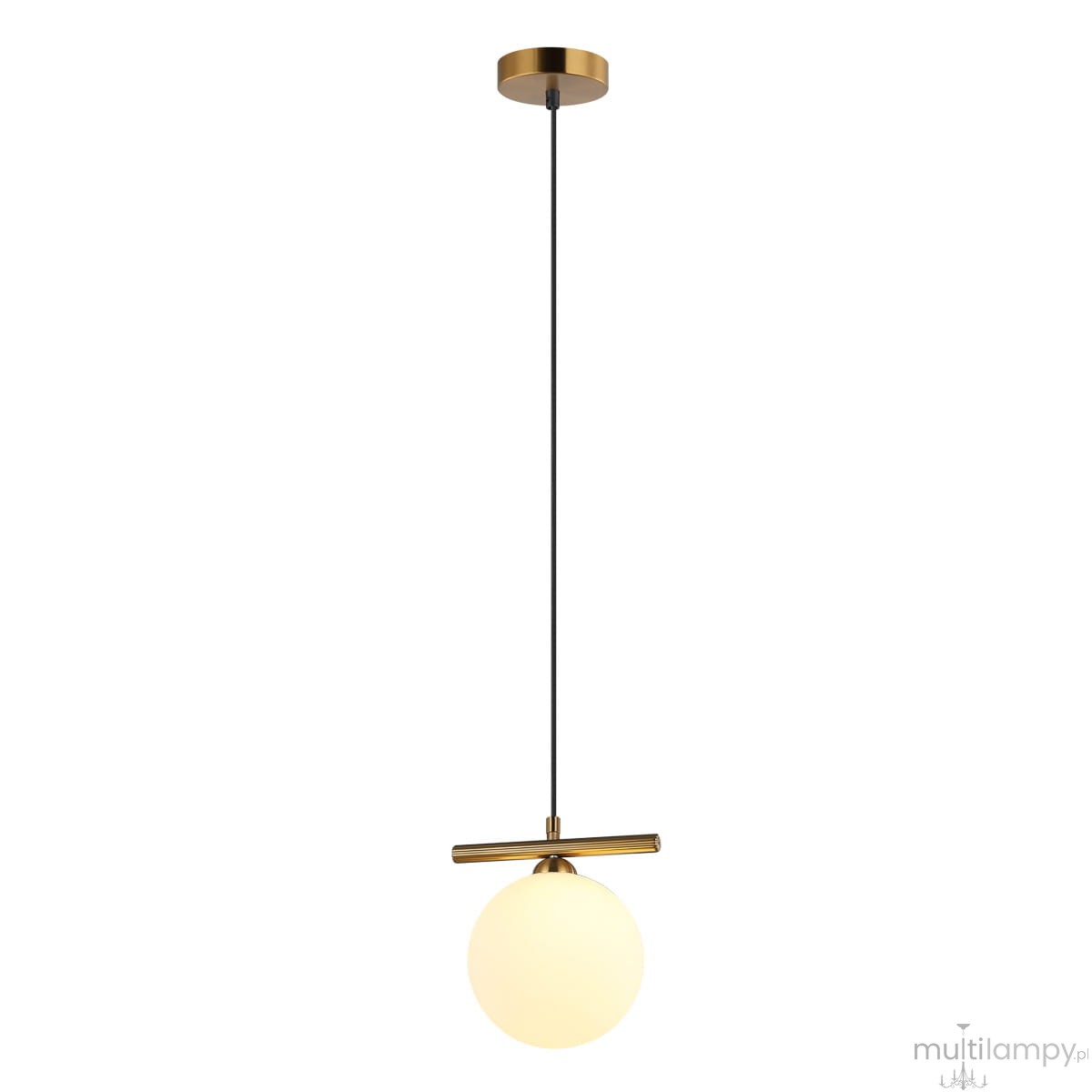 Lampa wisząca Merseta D15 w kolorze brązu antycznego z białym, okrągłym kloszem. Produkt zawieszony na cienkim, czarnym przewodzie, z poziomą, metalową poprzeczką. Wysoka elegancja, idealna do nowoczesnych wnętrz.