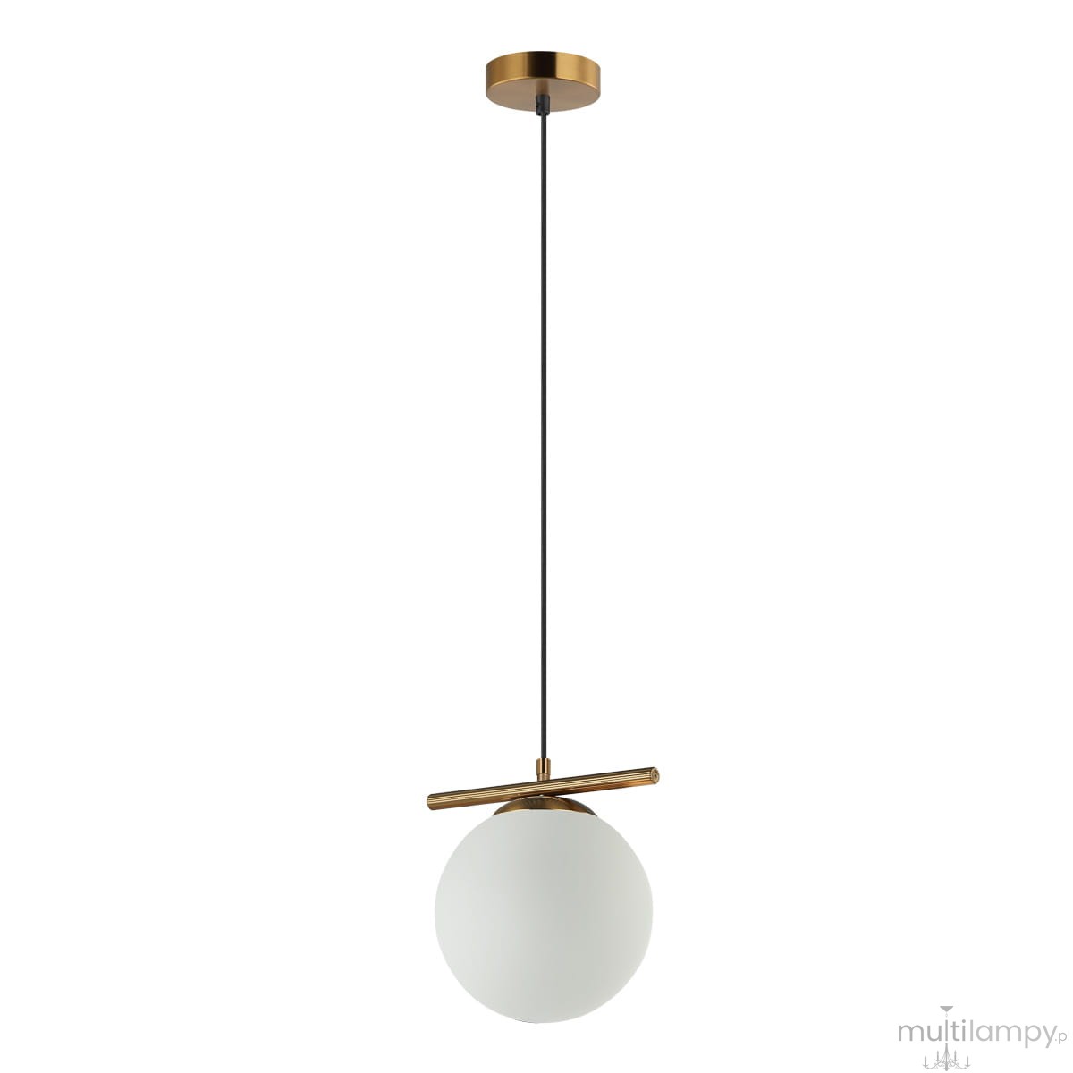 Lampa wisząca Merseta D20 w kolorze brązu antycznego z matowym, białym kloszem w kształcie kuli. Produkt zawieszony na czarnym kablu, z metalowym ramieniem. Ujęcie frontalne, na jednolitym tle.
