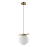 Lampa wisząca Merseta D20 w kolorze brązu antycznego z matowym, białym kloszem w kształcie kuli. Produkt zawieszony na czarnym kablu, z metalowym ramieniem. Ujęcie frontalne, na jednolitym tle.