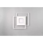 Biała lampa sufitowa Via LED 3-punktowa z pilotem, składająca się z dwóch kwadratowych ram, z centralnym panelem LED w środku. Produkt zamontowany na szarym tle, ukazujący nowoczesny design i minimalistyczny styl.