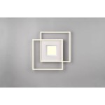 Biała lampa sufitowa LED 3-punktowa Via, z pilotem, w kształcie nakładających się kwadratów. Główna część z matowym szkłem, otoczona ramkami w kolorze białym. Ujęcie frontalne na szarym tle, podkreślające nowoczesny design.