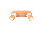 Lampa sufitowa Aruni 2-punktowa w jasnym drewnie z białymi kloszami. Ujęcie frontalne, montowana na ścianie, z dwiema ruchomymi lampami. Klosze wykonane z drewna, o cylindrycznym kształcie, na prostokątnej drewnianej podstawie.