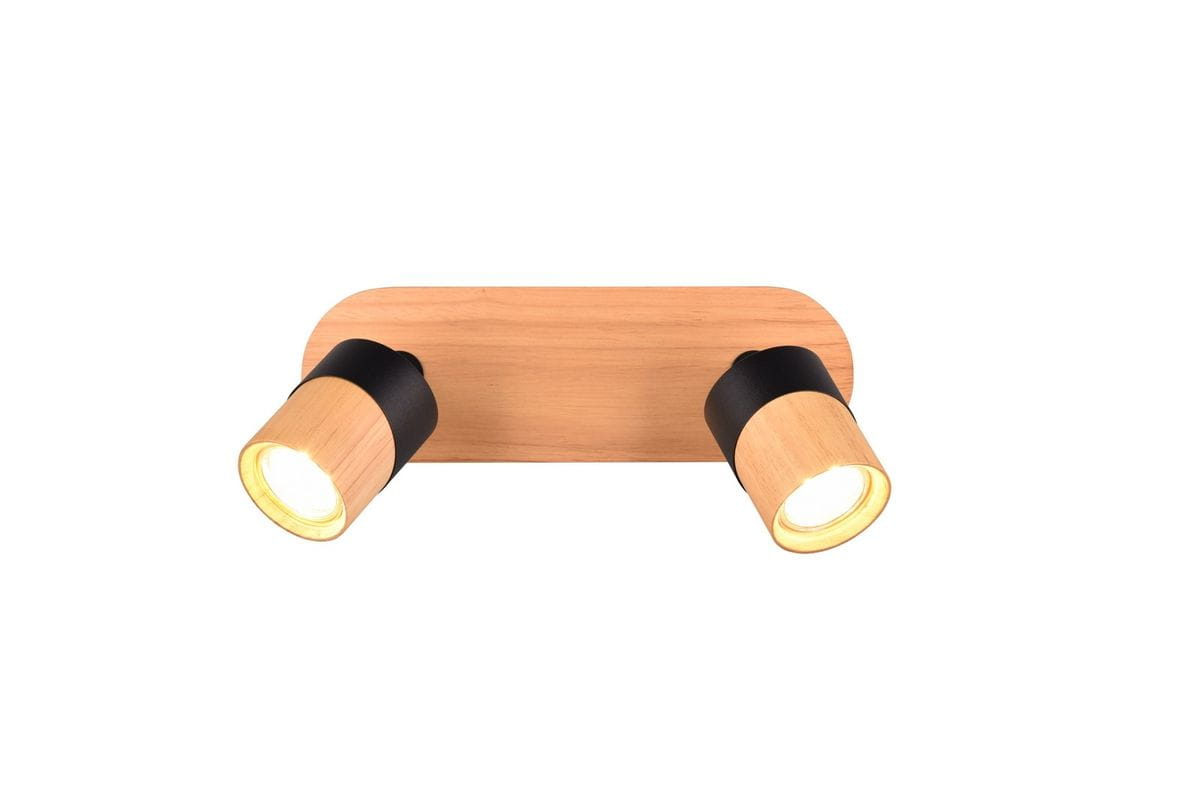 Lampa sufitowa Aruni z dwiema oprawami, wykonana z jasnego drewna i czarnego metalu. Ułożona poziomo, z widocznymi kloszami w kolorze drewna. Prosty design, idealna do nowoczesnych wnętrz. Tło białe, co podkreśla detale lampy.