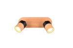 Lampa sufitowa Aruni z dwiema oprawami, wykonana z jasnego drewna i czarnego metalu. Ułożona poziomo, z widocznymi kloszami w kolorze drewna. Prosty design, idealna do nowoczesnych wnętrz. Tło białe, co podkreśla detale lampy.