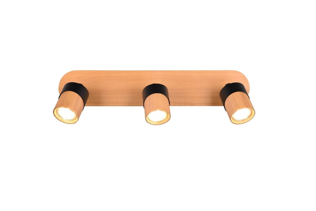 Lampa sufitowa Aruni 3-punktowa z jasnego drewna i czarnymi detalami. Ułożona poziomo, z trzema ruchomymi reflektorami. Wymiary i kształt prostokątny, minimalistyczny design, idealna do nowoczesnych wnętrz.