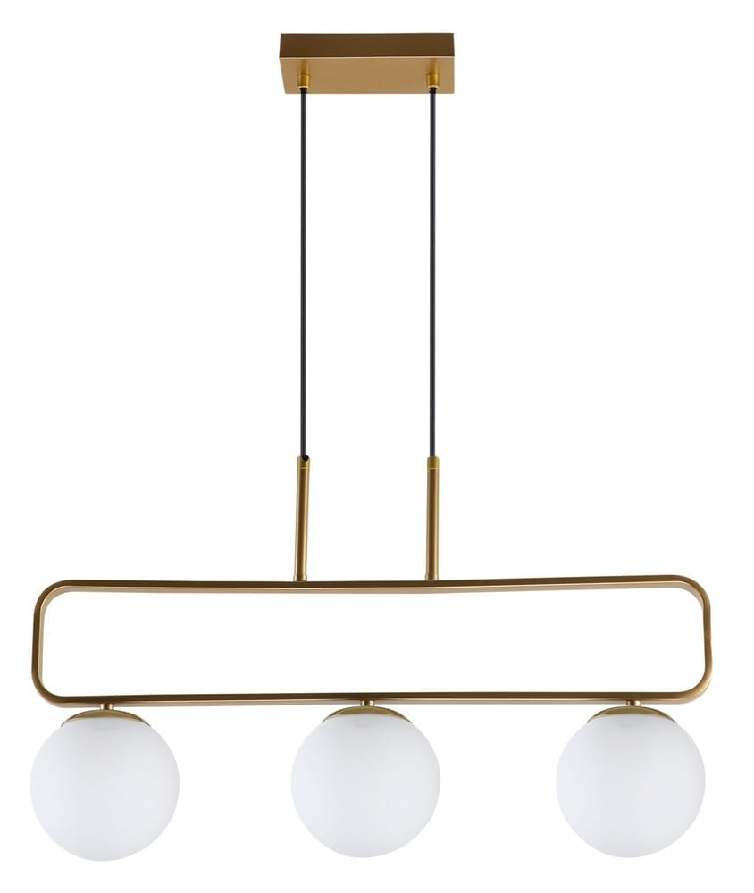 Lampa wisząca Jove 3-punktowa w kolorze mosiądzu, z trzema okrągłymi, matowymi kloszami. Ułożona w poziomie, zawieszona na czarnych przewodach. Prosta, geometryczna forma z prostokątną podstawą w górnej części.