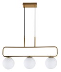 Lampa wisząca Jove 3-punktowa w kolorze mosiądzu, z trzema okrągłymi, matowymi kloszami. Ułożona w poziomie, zawieszona na czarnych przewodach. Prosta, geometryczna forma z prostokątną podstawą w górnej części.