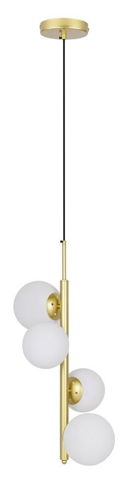 Lampa wisząca Cordel 4-punktowa w kolorze mosiądzu z czterema białymi, okrągłymi kloszami. Produkt zawieszony na cienkim, czarnym przewodzie, z okrągłym, mosiężnym mocowaniem sufitowym.