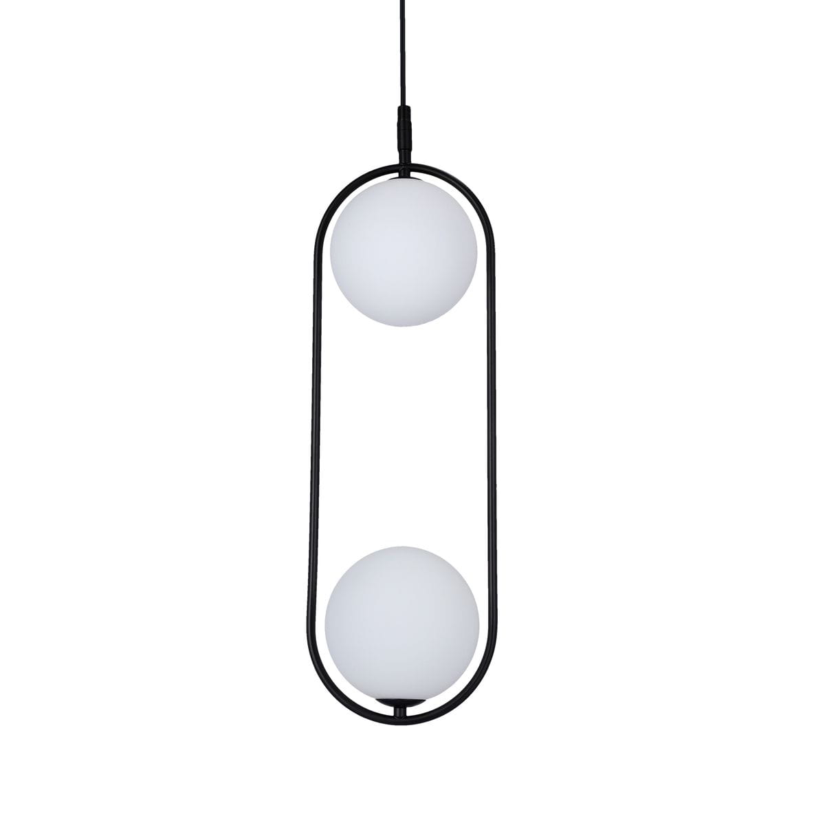 Lampa wisząca Cordel 2-punktowa w czarnej oprawie, z dwoma okrągłymi, białymi kloszami. Produkt zawieszony na czarnym przewodzie, w kształcie elipsy. Idealna do nowoczesnych wnętrz.