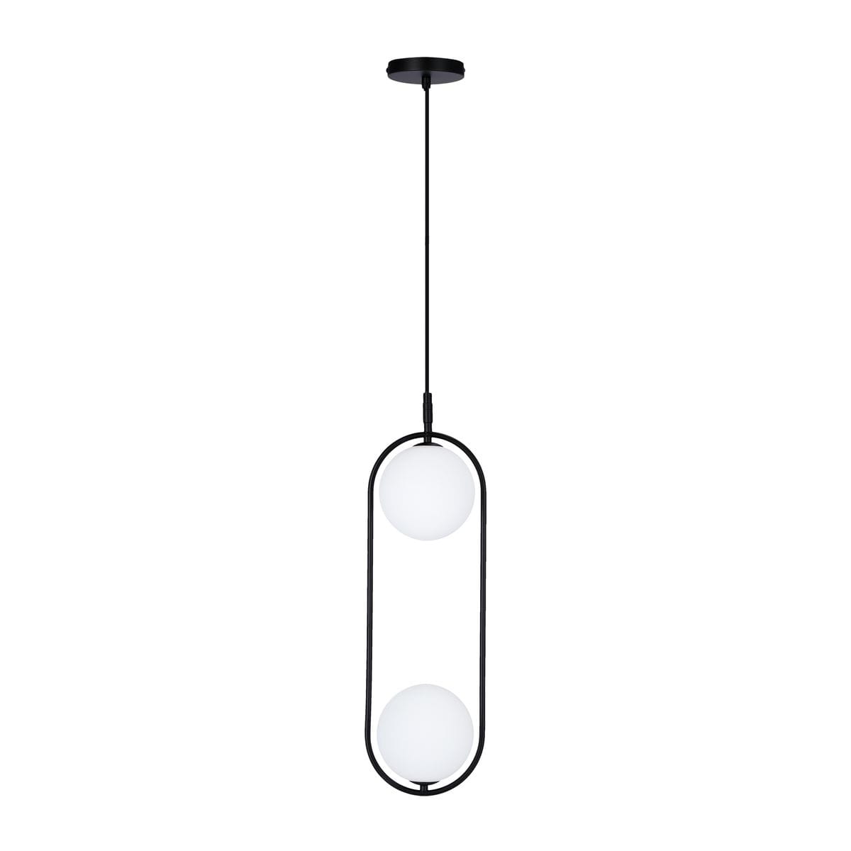 Lampa wisząca Cordel 2-punktowa w kolorze czarnym. Posiada dwa okrągłe klosze z białego szkła zawieszone w metalowej ramie w kształcie elipsy. Zawieszona na cienkim przewodzie, montowana do sufitu. Prosta, nowoczesna forma.