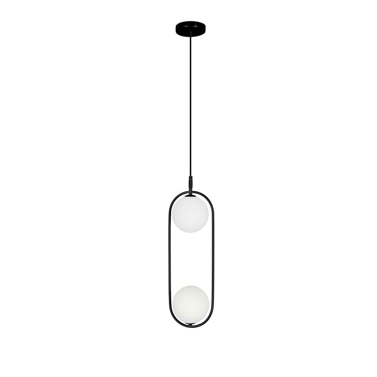 Lampa wisząca Cordel 2-punktowa w kolorze czarnym, z dwoma białymi, okrągłymi kloszami umieszczonymi w metalowej ramie w kształcie elipsy. Produkt zawieszony na cienkim przewodzie, z okrągłym mocowaniem sufitowym.